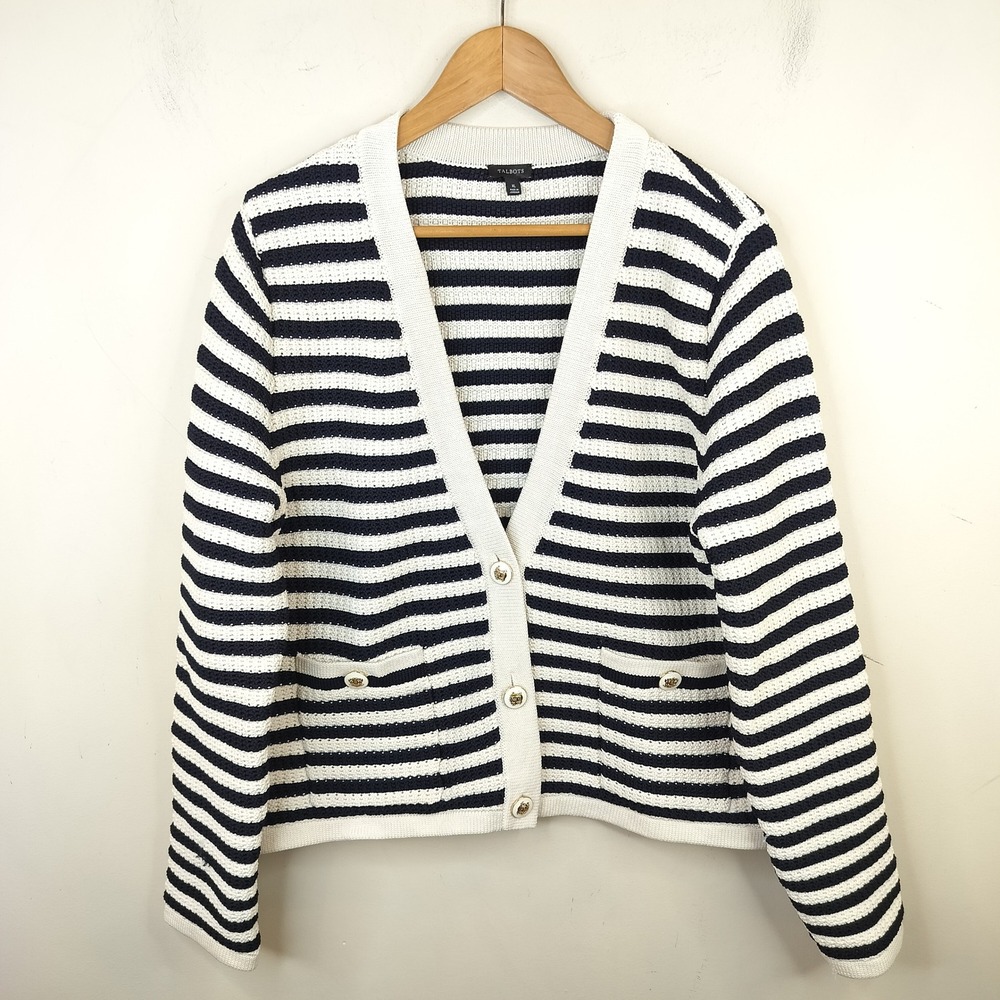 Talbots Navy Striped Cardigan Gold Crest Button XL Womens Chunky Knit Nautical